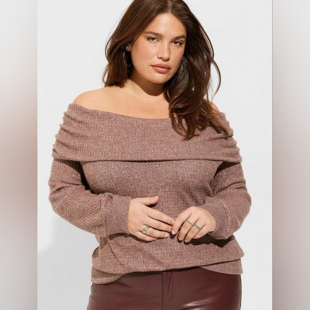 Taupe Brushed Waffle Off Shoulder Long Sleeve Top - SIZE 00/M/L / 10 (B4-9)